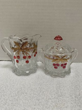 Farmhouse Northwood Style Glass Creamer & Sugar Has Lid Red Cherry Gold Leaves