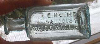 Rare Aqua Walla Walla W.  T.  H.  E.  Holmes Druggist Embossed Pharmacy Bottle