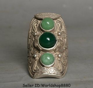1.  8 " Collected Old Chinese Silver Inlay Green Jade Dynasty Person Finger Ring