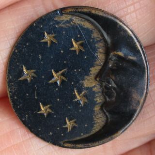 1 1/16 " Antique Stamped Brass Disc Button W Moon Escutcheon