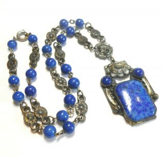 Art Nouveau Blue Peking Glass & Silver Washed Filigree Necklace Circa 1910