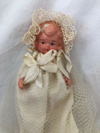 Vintage 4 3/4” Painted Porcelain Bisque? Baby Doll In Lace Christening Gown