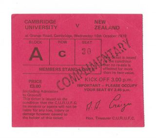 Cambridge University V Zealand,  18/10/1978 - Rare Touring Match Ticket.