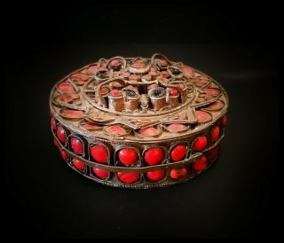 Rare 19th Century Tibetan Gilt Copper Incense Box Inset With Glass Stones