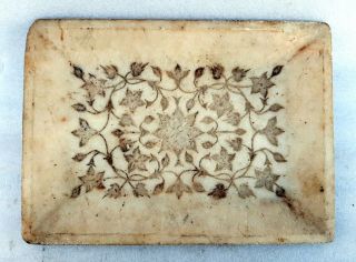 Antique Rare Old Indian Marble Stone Hand Carved Flower Figure Fine Tray Plate
