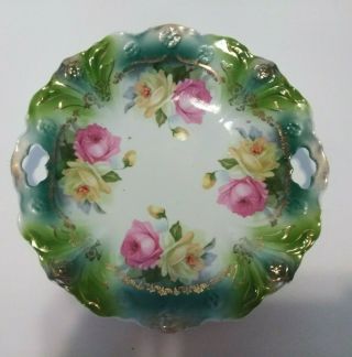 Antique Sorau Porcelain Factory Roses Pierced Handle Cake Plate / Shallow Bowl
