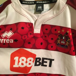 Wigan Warriors 7xl 30” Across Rugby Shirt Errea Mens League Rare Poppy War Shirt