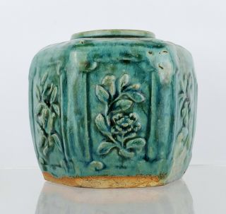 Antique Chinese Blue Glazed Pottery 6 Sided Panelled Vase Ginger Jar