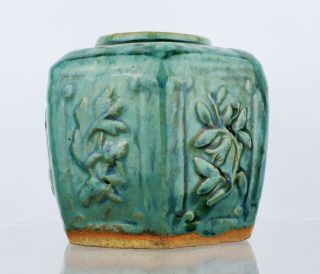 Antique Chinese Blue Glazed Pottery 6 Sided Panelled Vase Ginger Jar 2