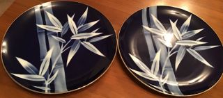 Pair Navy Blue Japanese Arita Bamboo De Chine 9.  25” Display Plates