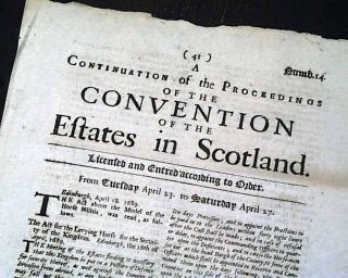 Very Rare 17th Century London Scotland Estates 1689 England Uk Old Newspaper
