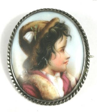 Lovely Antique Continental Hand Painted Tyrolean Boy Porcelain Plaque Brooch