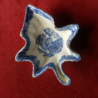 Antique Blue White Willow Pattern Pickle Dish Leaf Pottery