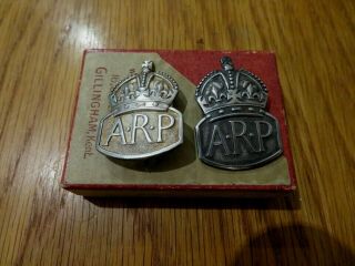 Two Ww2 Solid Sterling Silver Hallmarked London 1938 Arp Badges