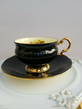 Vintage Elizabethan Cup And Saucer Black Gold Trim Fine Bone China England