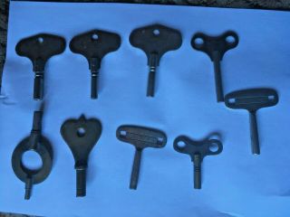 9 Antique Brass / Steel Winding Clock Keys Various Sizes And Ages
