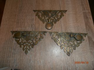 3 X Rare Antique Ornate Brass Pull Drawer Handles,  Decorative Back Plates