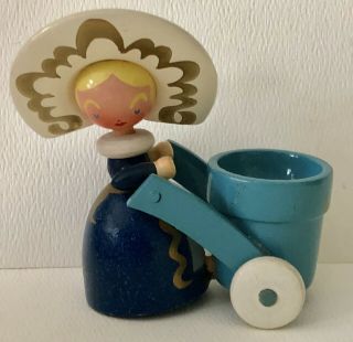 Vintage 1950 German? Hand Made Painted Wood Mini Girl W/wheelbarrow Flower Pot