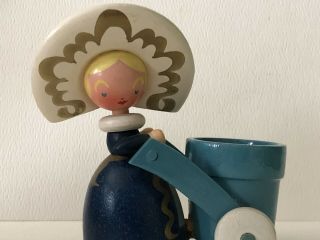 Vintage 1950 German? Hand Made Painted Wood Mini Girl w/Wheelbarrow Flower Pot 2