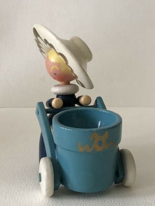 Vintage 1950 German? Hand Made Painted Wood Mini Girl w/Wheelbarrow Flower Pot 3