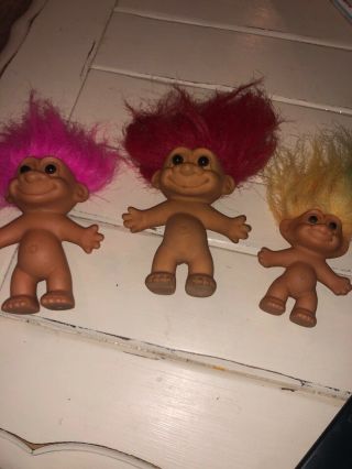 Set Of 4 Vintage Russ Troll Dolls Red/pink/yellow/fuschia Hair