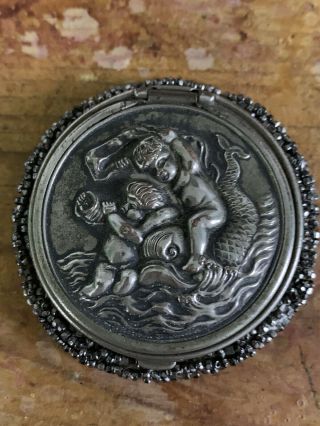 Victorian Silver Plate Leather And Bead Coin Purse With Cherubs Putti And Whale