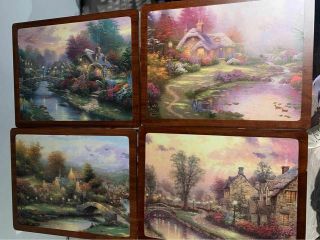 Thomas Kinkade Set Of 4 Wooden Tv Tray Tables - Rare Collectible Painting Scenes