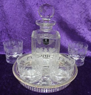 Edinburgh Crystal Whisky Decanter Glass Set & Tray Lochnagar Pattern 1950s Rare