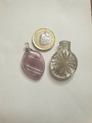 Antique Amethyst & Clear Cut Glass Miniature Perfume Bottles From A Sewing Box