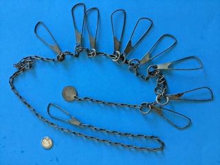 Antique Chain Fish Stringer Pk Usa 9 Clip Vintage Fishing 60” Oval Links Vtg Vg,