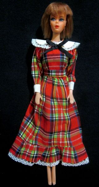 Vintage Barbie Doll Clothes - Red Plaid Dress With White Lace And Bib -