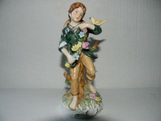 Antique Dresden German Porcelain Figurine Boy With Bird In Green Coat 5 " Tall