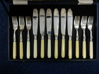 C 1930s Boxed Set Of 6 Silver Plated & Composite Handled Fish Knifes & Forks