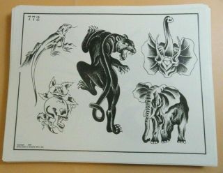 Vintage 1985 Rare Spaulding & Rogers Tattoo Flash Sheet 772 Panther Skull