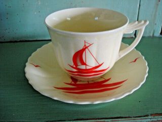 Rare Vtg Ws George Red Sailboat Tea Cup&saucer Boat/ship Elmhurst Pattern Bolero