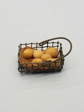 Vintage Miniature Dollhouse Wire Basket With Eggs 1:12 Scale
