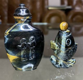 2 Rare 19th/ Early 20th Century Chinese Carved Tiger Eye Stone Snuff Bottles
