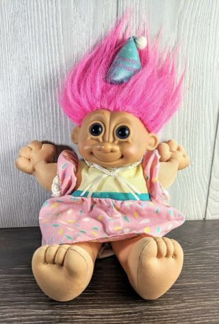 Vtg Russ Troll Kidz Happy Birthday Plush Doll 90s Pink Hair Dress Hat 12” Toy