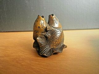 Hand Carved Boxwood Netsuke Fish Pair On Lily Leaf Collectable Wood Figure.  1