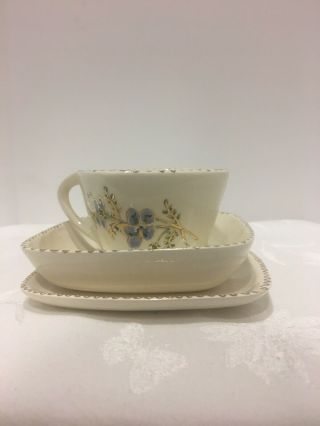 3 Piece Hand Painted Artist Signed Breakfast Square Cup Saucer & Small Bowl Set