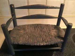 Vintage Doll Or Bear Size Wooden Settee Bench Chair Rush Seat Blue Paint 7” Tall