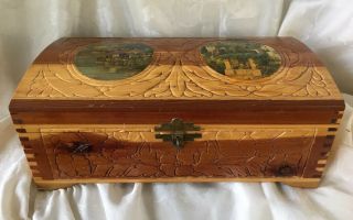 Antique Vintage Wood Jewelry Keepsake Box W/ Mirror & Dovetail Corners