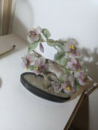 Chinese Oriental Bonsai Tree Pink Glass Flowers & Green Leaves In Ceramic Pot K
