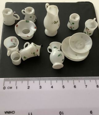 Antique Dolls House Miniature Hand Painted Glass Jugs,  Bowls,  Cups And Plates