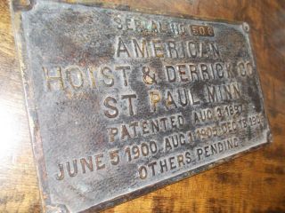 Rare Antique 1906 American Hoist & Derrick Co.  Railroad Brass Builders Plate
