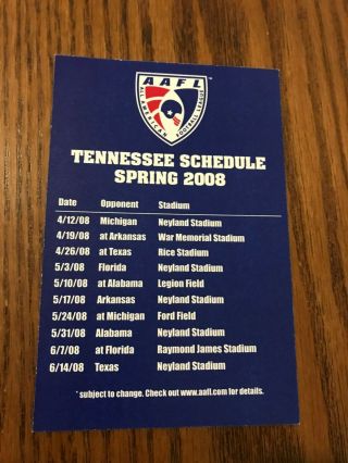 Rare 2008 Aafl All American Football League Tennessee Schedule Aaf Xfl Defunct