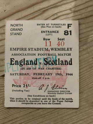Rare War Charities Football Ticket England V Scotland Wembley 19/2/1944
