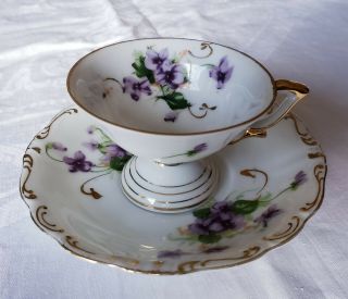 Vintage Saji Fancy China Demitasse Footed Cup & Saucer Purple Violets Gold Japan