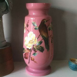 Lovely Large Handpainted Bird Victorian Pink Opaline / Milk Glass Vase Vgc
