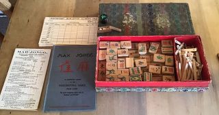 Antique Chinese Mahjong Set.  148 Bamboo Tiles,  Bone Counters.  Guide Book 1923